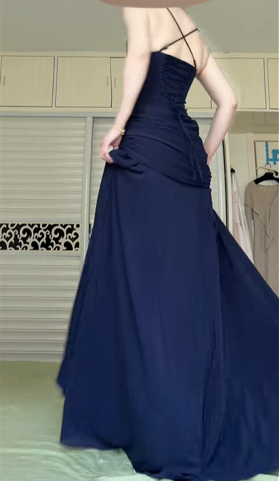 Navy Blue Square Neck Spaghetti Strap Long Evening Gown, Draped Ruched Waist Flowy A‑Line Formal Prom Dress gh8999