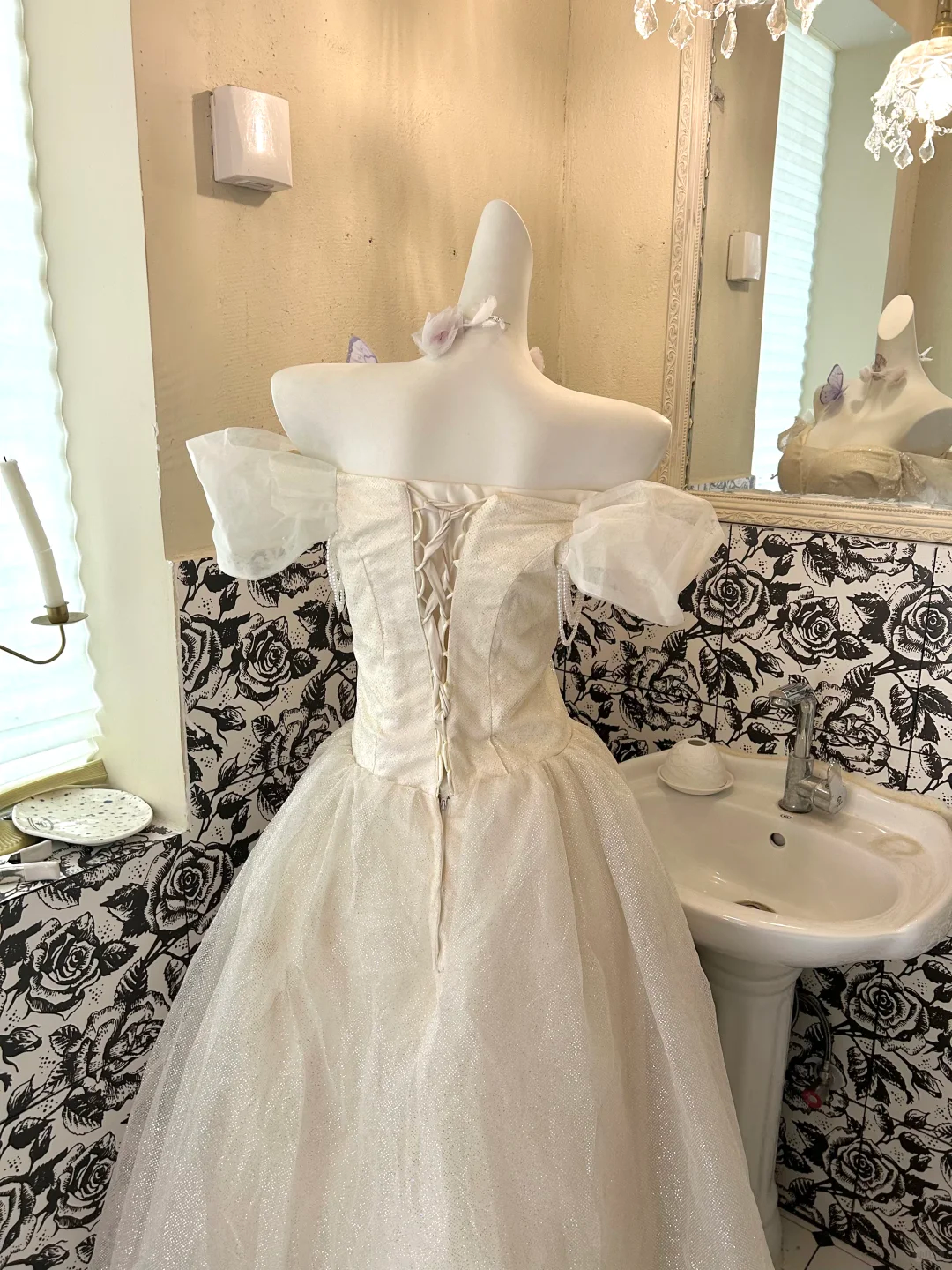 Ivory Off-the-Shoulder Cinched Waist Full Flared Skirt Long Elegant Romantic Dress, Wedding Gown gh7787