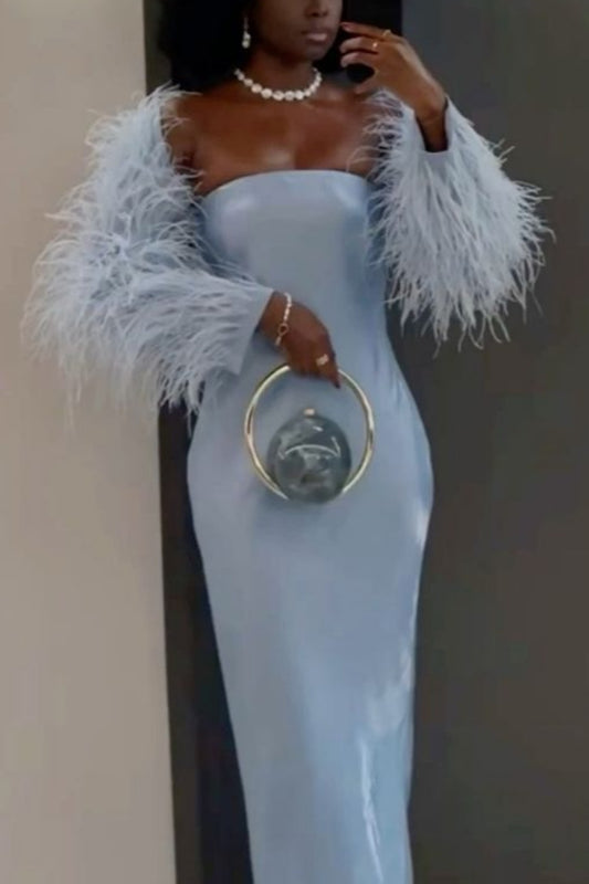 (Pelzloser Mantel) Hellblaues Meerjungfrauenkleid aus Satin | Luxuriöses, elegantes schulterfreies, bodenlanges Kleid für den Galaball gh6477