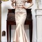 Light Pink Vintage Satin Lace Prom Gown, V‑Neck Puff Short Sleeves, Lace Tassel Cutout Fitted Waist, Lace‑Satin Mermaid Skirt, Evening Prom Dress gh8731