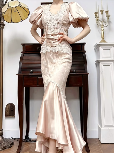 Light Pink Vintage Satin Lace Prom Gown, V‑Neck Puff Short Sleeves, Lace Tassel Cutout Fitted Waist, Lace‑Satin Mermaid Skirt, Evening Prom Dress gh8731