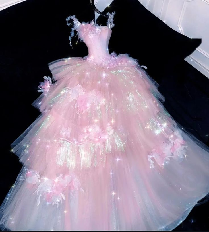 ✨Girlhomeshops-Pink Feather 3D Floral Tiered Ball Gown Prom Dress gh10182
