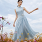 ✨Girlhomeshops-Light Ice Blue Pleated Floral Beaded Chiffon Midi Cheongsam Qipao gh10438