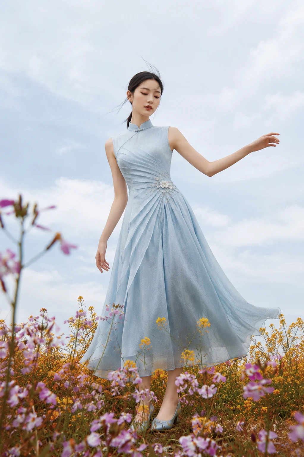 ✨Girlhomeshops-Light Ice Blue Pleated Floral Beaded Chiffon Midi Cheongsam Qipao gh10438