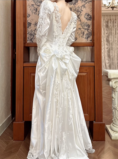 Ivory Vintage Satin Beaded Lace Ball Gown Wedding Dress, Puff Long Sleeve Bridal Prom Dress gh8725