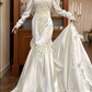 Ivory Vintage Satin Mermaid Wedding Prom Dress, Lace High Neck Illusion V‑Neck, Leg‑of‑Mutton Puff Sleeves, Gold‑Silver Lace Appliqués, Back Bow, Scalloped Lace Long Train gh8674