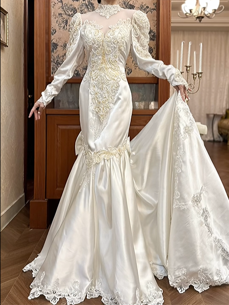 Ivory Vintage Satin Mermaid Wedding Prom Dress, Lace High Neck Illusion V‑Neck, Leg‑of‑Mutton Puff Sleeves, Gold‑Silver Lace Appliqués, Back Bow, Scalloped Lace Long Train gh8674