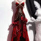 Robe de soirée élégante et délicate, bleu/bordeaux, bretelles spaghetti, longue, volantée, en velours, gh4169