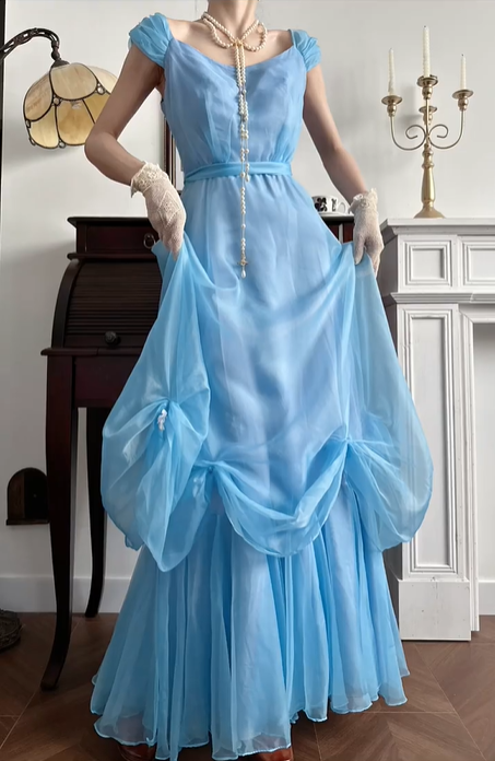 Sky‑Blue Vintage Chiffon Prom Gown, Square Neck Cap Puff Short Sleeves, Matching Thin Sash Waistband, Flowy Full‑Length Skirt With Gathered Knot Skirt Details, Floor‑Length Evening Prom Dress gh8794