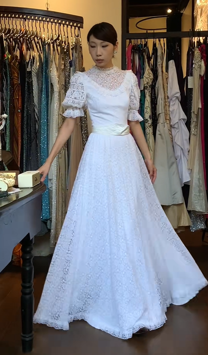 White Vintage Lace Evening Gown High Neck Puff Sleeve A-Line Long Wedding Guest Prom Dress gh9723