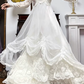 Ivory Vintage Tulle Lace Wedding Gown, V‑Neck With Frilled Stand Collar, Lace Lantern Long Sleeves, Lace Appliqués Empire Waist, Draped Ruched Skirt, Inner Lace Full Skirt With Long Train, Bridal Prom Dress gh8763