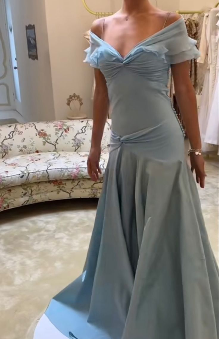 Blue elegant simple off-shoulder tulle long ball gown evening dress gh3018