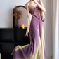 Purple‑Yellow‑Ombre‑Greek‑Gown One‑Shoulder‑V‑Neck Hand‑Beaded‑Bodice Flowy‑Chiffon Detachable‑Long‑Sash Draped‑Floor‑Length Retro‑Goddess‑Evening‑Dress gh8846
