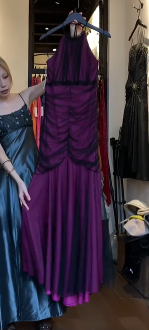 Halter Dark Purple Prom Dress Mesh Ruched Black Tulle Overlay A Line Formal Evening Gown gh9822