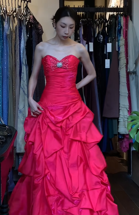 Hot Pink Strapless Sweetheart Long Formal Gown Rhinestone Tiered Ruffle Satin Ball Gown gh9659