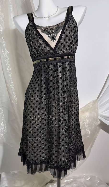 Vintage Black Polka Dot Prom & Evening Party Dress, Spaghetti Strap, Square Neck, Fitted Waist Silhouette gh8571