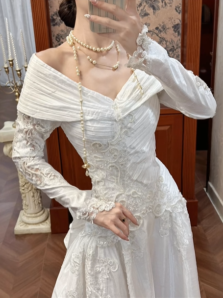 White Vintage Pleated Satin A‑Line Wedding Prom Dress, Off‑the‑Shoulder Folded V‑Neck, Twisted Pleated Long Sleeves, Baroque Lace Appliqués gh8714