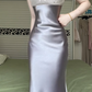 Silver‑Grey Square Neck Wide Strap Mermaid Evening Gown, Sequin Beaded Bodice Satin Formal Prom Dress gh9023
