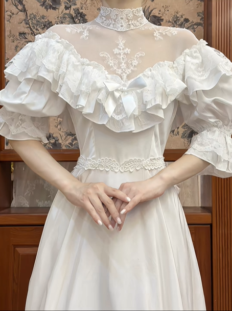 Ivory Vintage Victorian Wedding Gown, Lace High Neck Off‑the‑Shoulder Ruffle Puff Mid‑Sleeves, Lace Fitted Waist, Multi‑Tiered Ruffled Lace Hem Long Train, Bridal Prom Dress gh8719