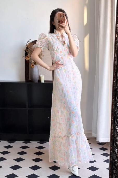 Pastel‑Base Colorful Floral Vintage Maxi Dress, V‑Neck Ruffled Stand Collar, Puff Short Sleeves, Fitted Waist Mermaid Hem, Ruffled Frill At Bottom, Fresh Cottagecore Evening Party Gown gh8845