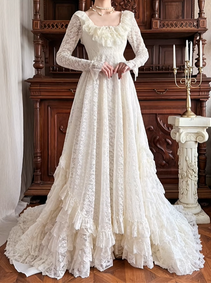 Cream Vintage Lace Wedding Gown, Square Neck With Ruffle Trim, Long Lace Sleeves, High Waist, Multi‑Tiered Ruffle Lace Long Train Prom Dress gh8629