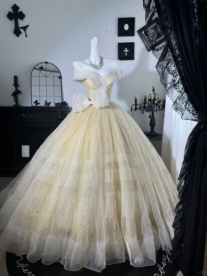 Light Yellow One Shoulder Waist-Cinched Voluminous Long Evening Dress, Fairy Gown, Romantic Gown gh7368