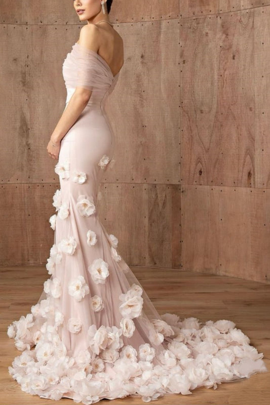 girlhomeshops-Rosa Elegantes Blumenmuster Langes Tüll Meerjungfrau Bodycon Ballkleid Brautkleid gh5952