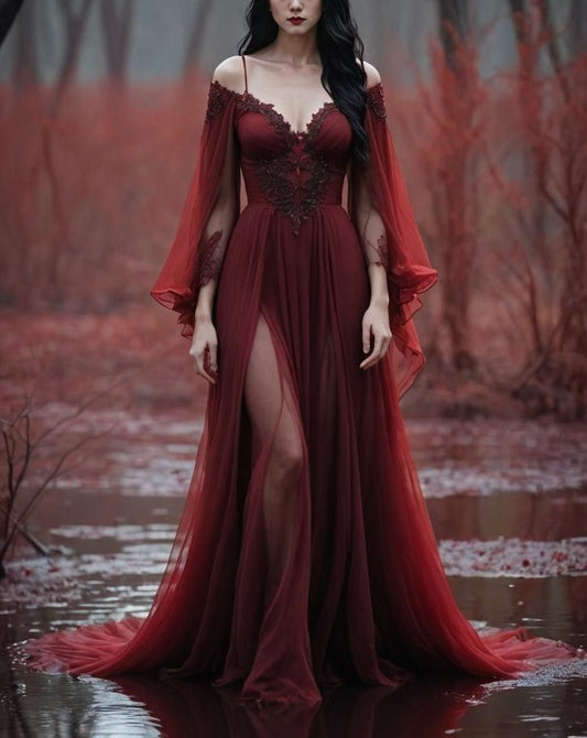 girlhomeshops-Long Sleeves Long Tulle Floor-Length Train Retro Elegant Ball Gown Evening Dress gh5943