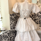 White Puff Sleeve Beaded Waist-Cinched Long Vintage Romantic Dress, Wedding Gown gh7501