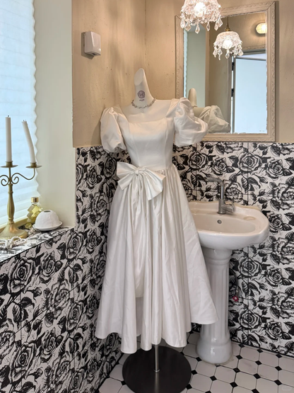 White Square Neck Puff Sleeve Waist-Cinched Full Flared Romantic Dress, Wedding Gown gh7520