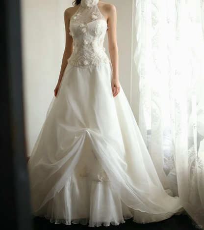 Halter High‑Neck A‑Line Wedding Dress, Illusion Tulle Halter 3D Floral Lace Beaded Applique Twisted Front Skirt Layered Bridal Gown gh9114