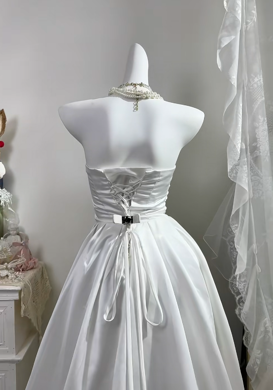 White Satin Halter Wedding Gown, Sleeveless Asymmetrical 3D Floral High Low Bridal Dress gh9281