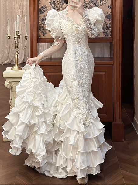 White Vintage Satin Mermaid Wedding Gown, V‑Neck Big Puff Short Sleeves, Sheer Lace Embroidered Long Sleeves, Full‑Body Lace Appliqués Fitted Mermaid Silhouette, Multi‑Layer Ruffle Tiered Mermaid Skirt, Prom & Wedding Dress gh8670