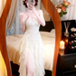 Cream Spaghetti Straps Evening Gown, 3D Rose Lace Appliques Ruched High‑Slit Ruffled Maxi Prom Dress gh9133