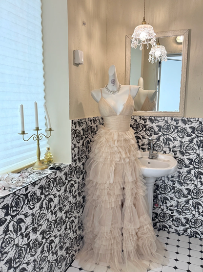 Light Apricot Spaghetti Strap Sweetheart Neck Waist-Cinched Tiered Skirt Romantic Dress, Wedding Gown gh7656