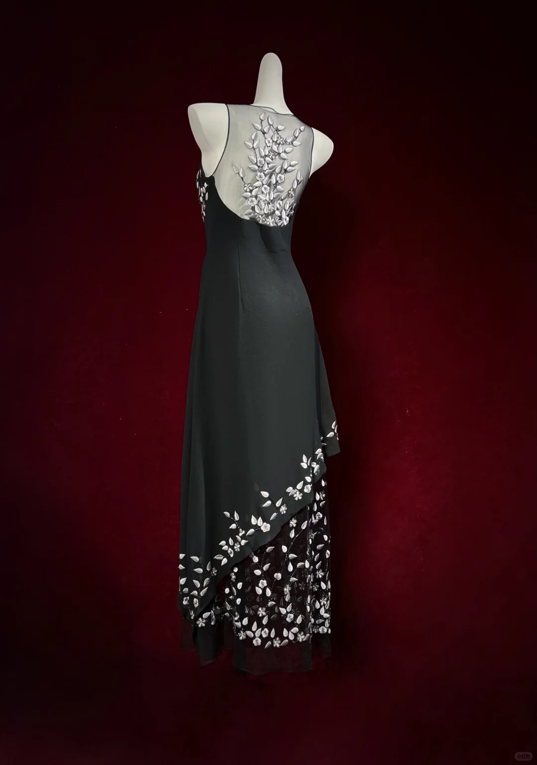 ✨Girlhomeshops-Black Spaghetti Strap Beaded Floral Gown Asymmetrical Sheer Mesh gh10142