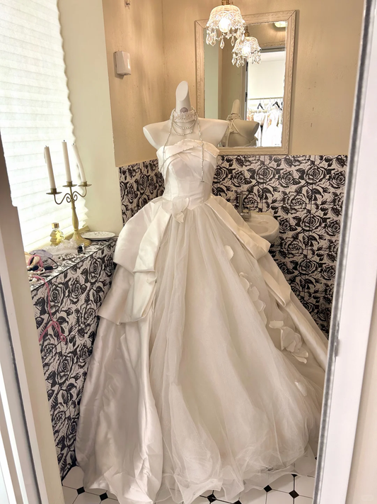 White Satin Strapless Vintage Cinched Waist Voluminous Skirt Long Romantic Dress, Wedding Gown gh7782