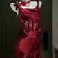 Girlhomeshops--Burgundy Sexy Bodycon Halter Multi-layered Satin Slit Prom Dress Party Dress gh5450