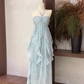 Blue halter back fashionable and elegant chiffon flowing ruffled long skirt 11278