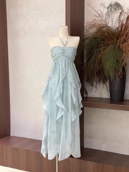 Blue halter back fashionable and elegant chiffon flowing ruffled long skirt 11278