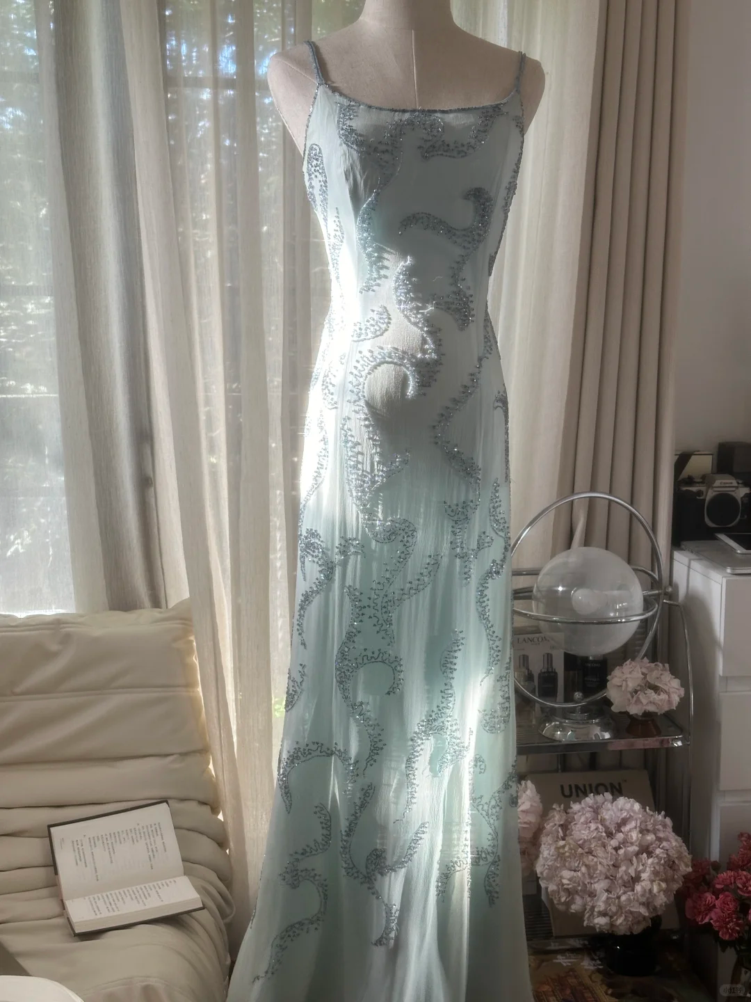 Hellblaues, wunderschönes, funkelndes, modisches, elegantes, exquisites, perlenbesetztes, langes Chiffon-Ballkleid mit Feenmotiv, Abendkleid für Geburtstage/Hochzeitsgäste/Urlaubspartys, Ballkleid, Valentinstags-Date-Kleid, gh4036
