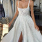 White fantasy square neck slit lace applique long tulle backless bridal gown wedding dress gh2404