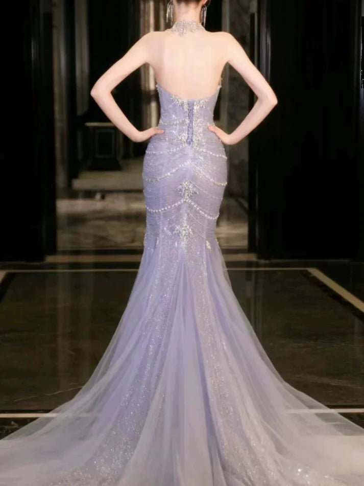 Wunderschönes, glänzendes, schulterfreies, exquisites, mit Perlen verziertes, langes Tüll-Meerjungfrauen-Kleid mit schmalem Fischschwanzrock, Ballkleid, formelles Abendkleid, Hochzeitskleid gh3559