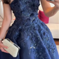 Navy Blue Strapless Ball Gown with 3D Floral Appliques & Beading, Floor-Length Prom Dress for Formal Wedding & Evening Events gh7098