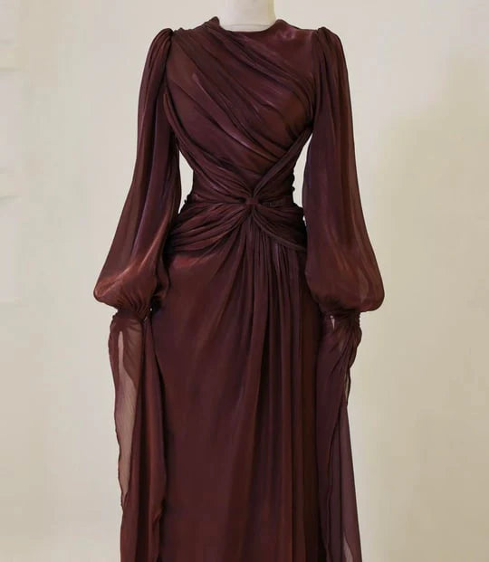 Robe de soirée bordeaux à manches longues, coupe trapèze, robe de bal, gh4317