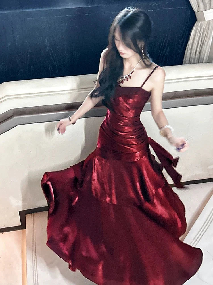 Robe de soirée longue à volants, style chic bordeaux/vert, gh4318