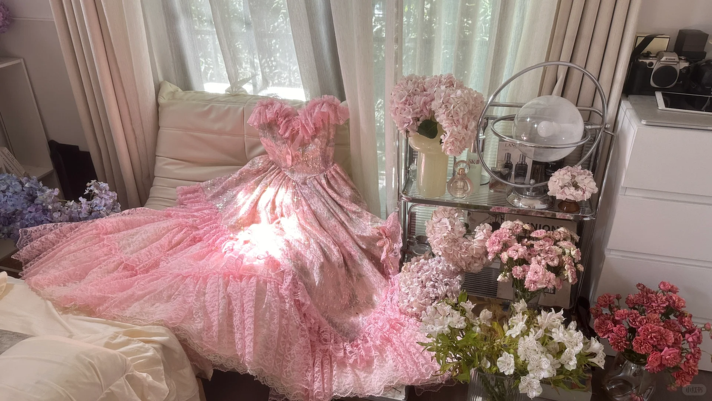 Rosa süße Mode elegante exquisite Spitze floral lange Tüll Spitze Prinzessin Ballkleid Abendkleid Geburtstagskleid Erwachsene Zeremonie Kleid gh4032