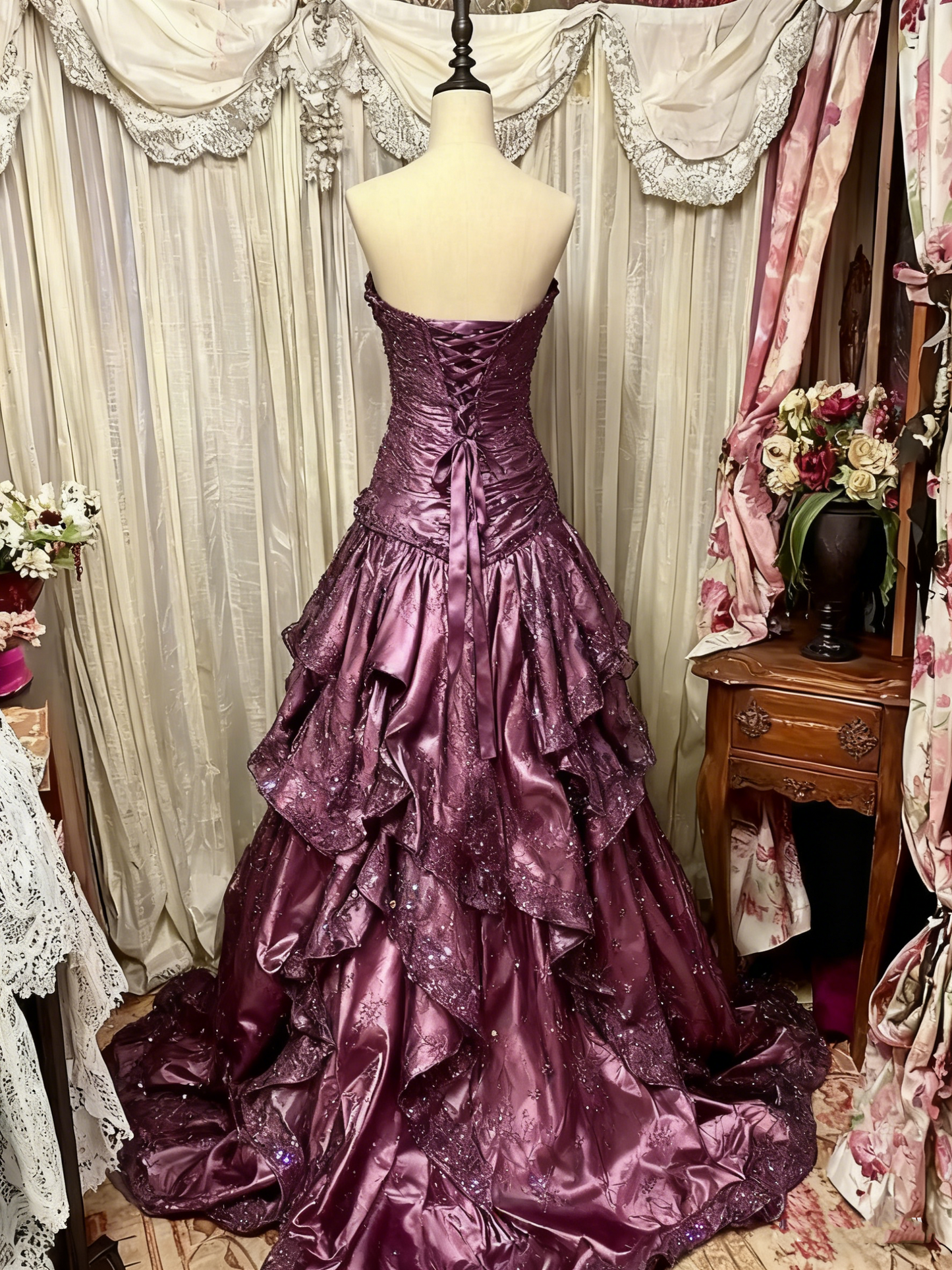 Robe de bal longue en tulle à volants, élégante et raffinée, style vintage, ornée de perles exquises (gh4158).