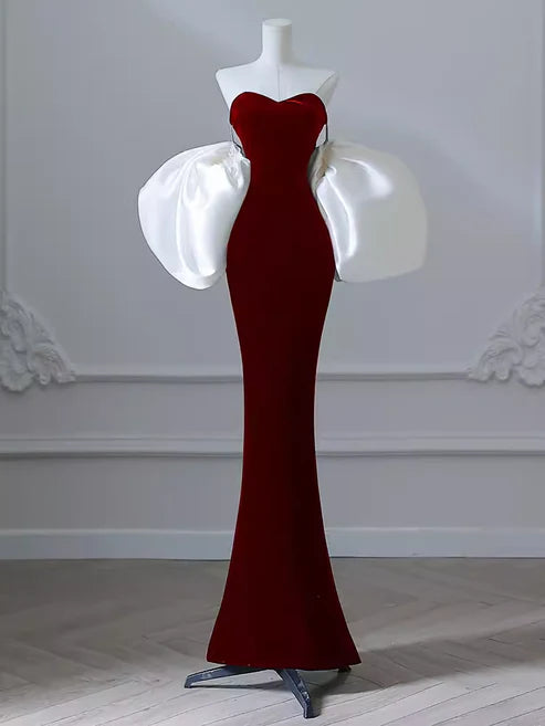 Robe de soirée élégante en velours bordeaux, style sirène, épaules dénudées, longue et fine, gh3574