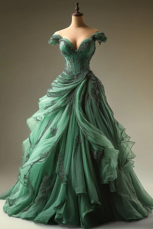 Grünes Vintage Perlenbesetztes Langes Tüll Ballkleid gh4949